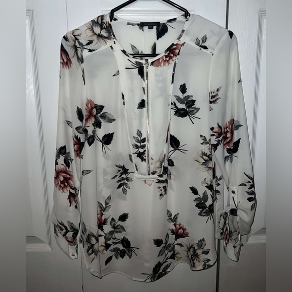 Dynamite Tops - Dynamite white floral long sleeve blouse office top zipper size XS